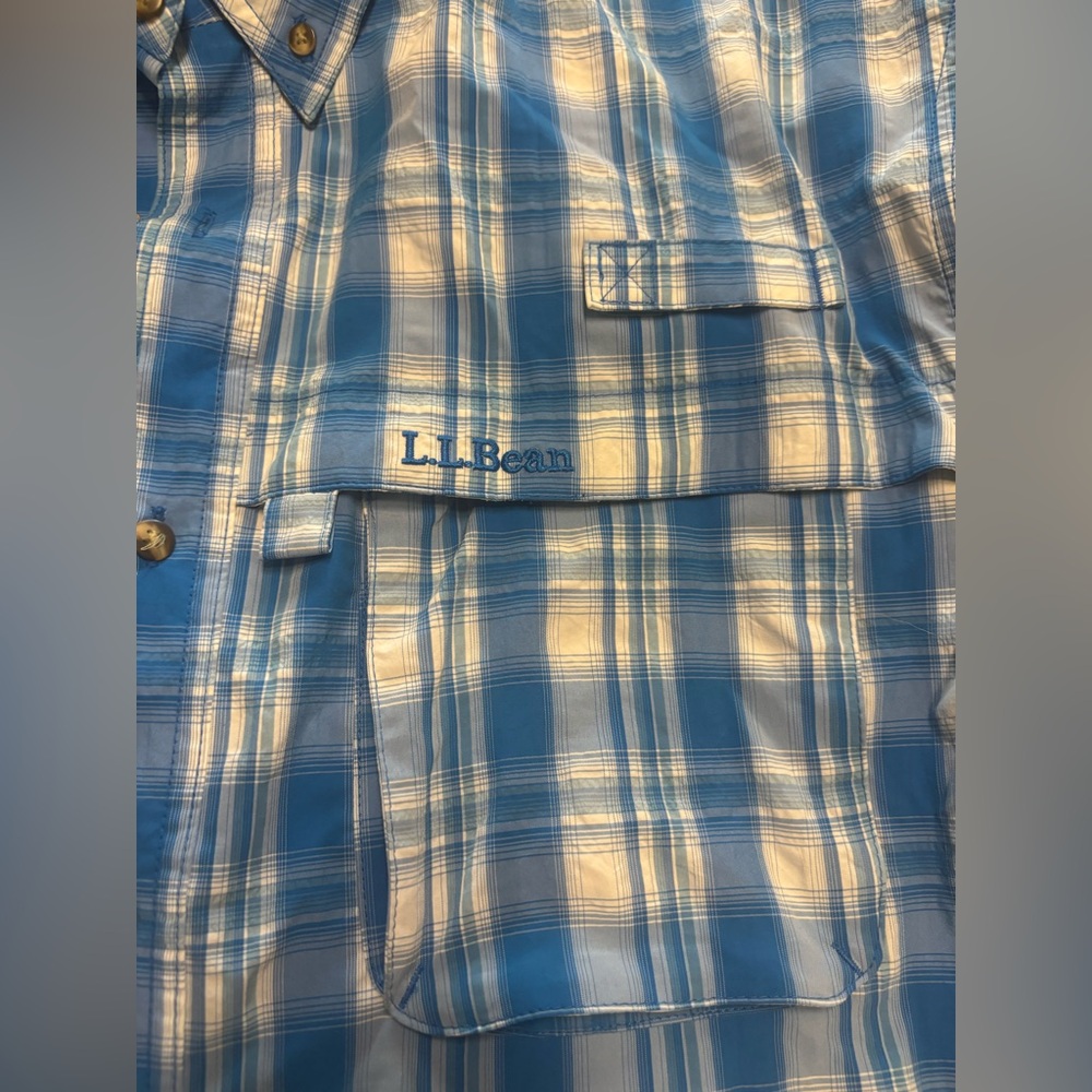 LL Bean Mens Large Shirt Blue Plaid Fast Dry Vented Button Up Fishing Hiking - Picture 12 of 16
